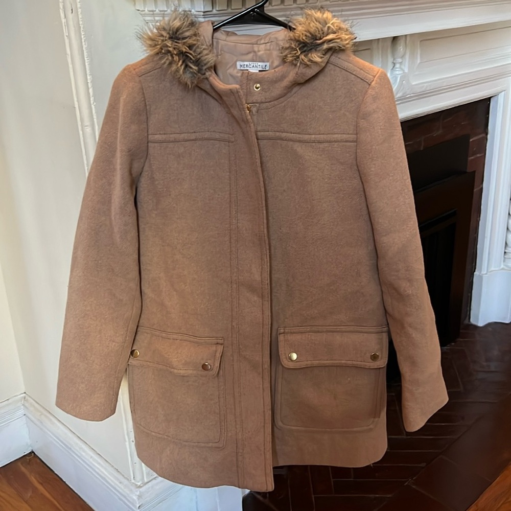 Jcrew camel colored furry hooded coat with gold hardware